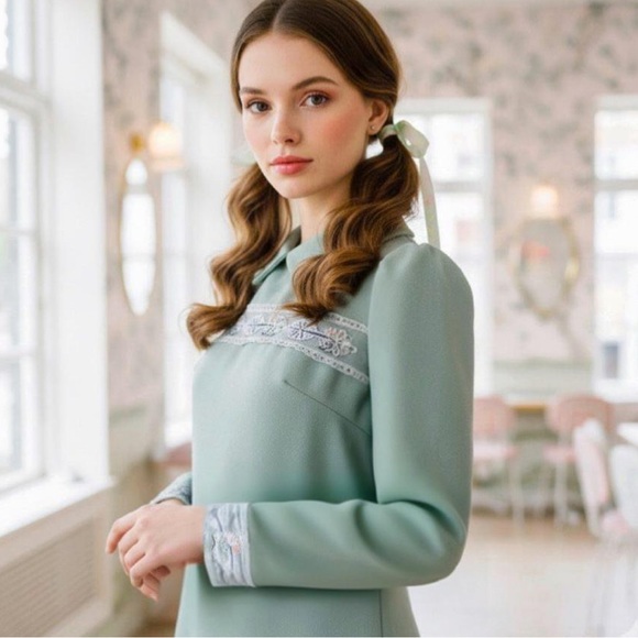 1960s Vicky Vaughn Babydoll Mint Blue Green Mini Dress Size XS- S Coquette - Picture 14 of 14